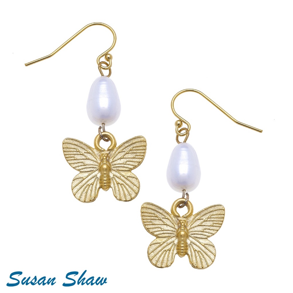 Susan Shaw GOLD BUTTERFLY + PEARL TIER EARRINGS